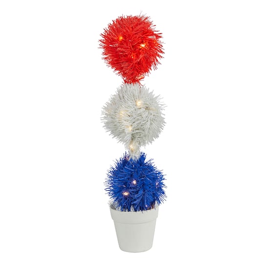 18&#x22; Red, White &#x26; Blue Americana Topiary Plant with 35 Warm LED Lights